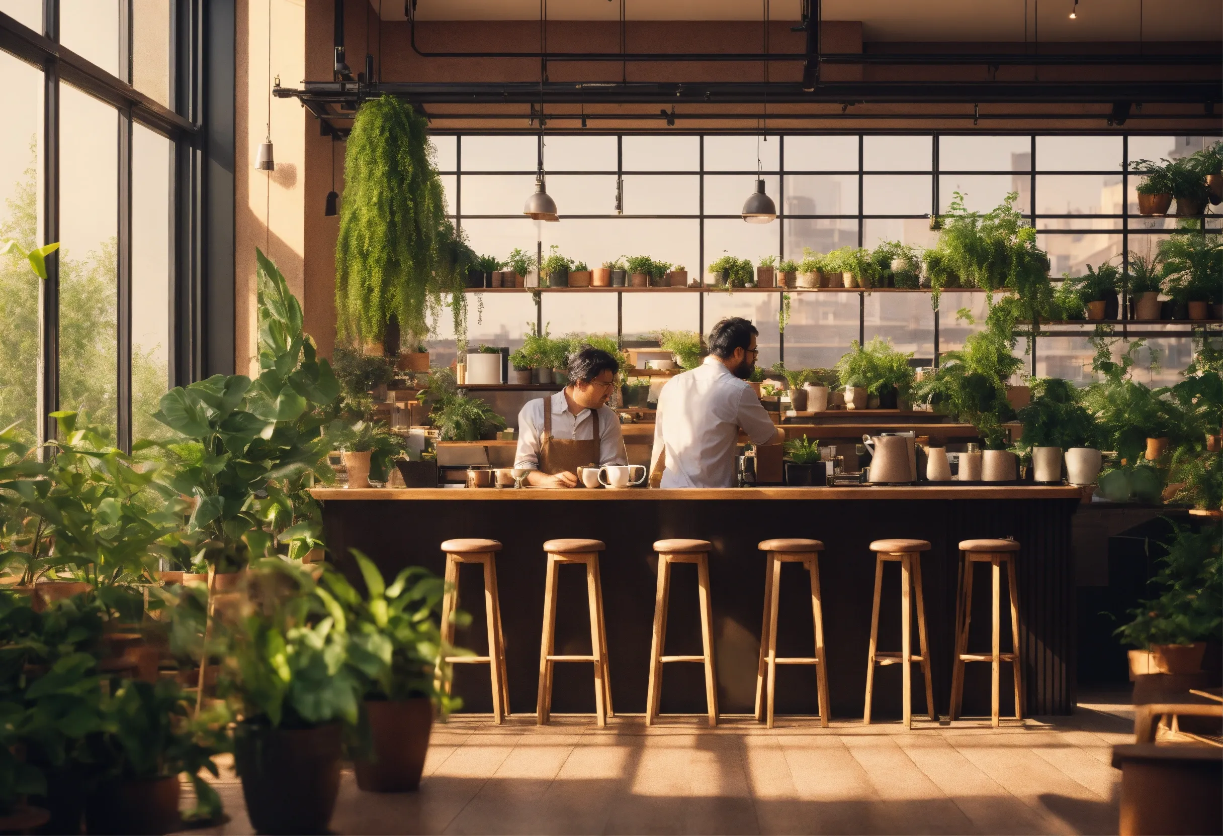 Open workspace with multiple plants creating a balanced environment
